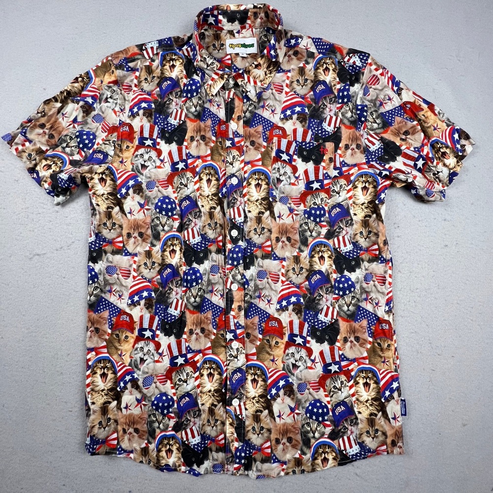 Tipsy Elves USA Cat Shirt Mens XL Patriotic USA Flag All Over Print Button Down